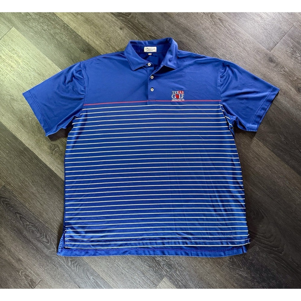 Peter Millar Texas Golf Polo Blue Red Stripe 100% Polyester Sz XL